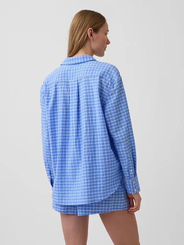 Koszula oversize w kratę z tkaniny seersucker