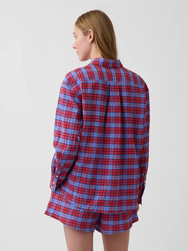 Koszula oversize w kratę z tkaniny seersucker