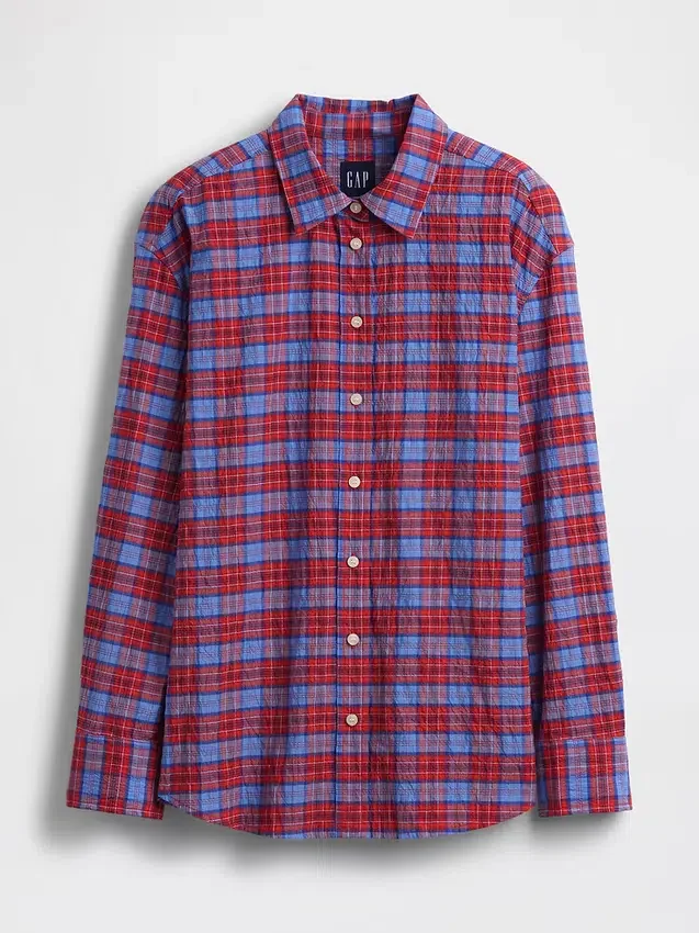 Koszula oversize w kratę z tkaniny seersucker