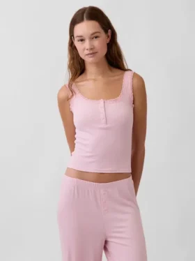 Koszulka bez rękawów typu Henley z mini prążkami i koronką