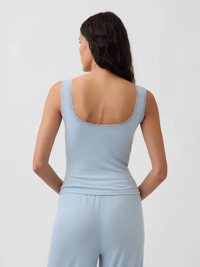 Koszulka bez rękawów typu Henley z mini prążkami i koronką