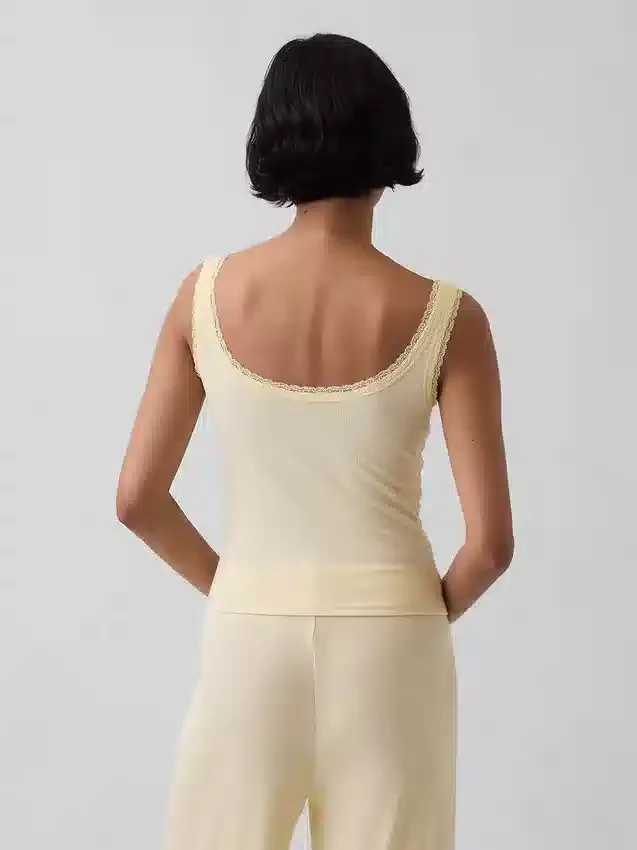 Koszulka bez rękawów typu Henley z mini prążkami i koronką