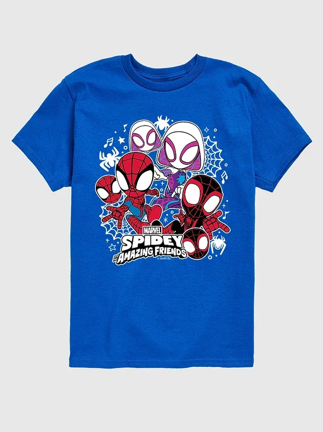 Koszulka z nadrukiem dla małych dzieci z motywem Marvela: Spidey i przyjaciele, w wersji z krótkim rękawem