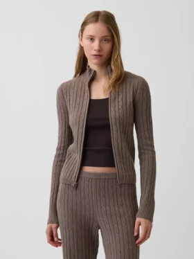 Krótki kardigan z dzianiny typu cable-knit z zamkiem błyskawicznym CashSoft