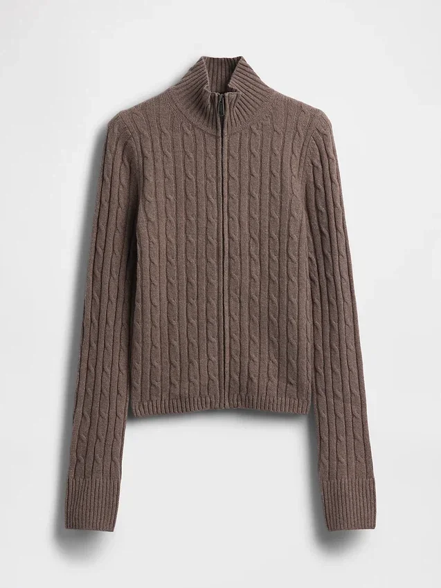Krótki kardigan z dzianiny typu cable-knit z zamkiem błyskawicznym CashSoft
