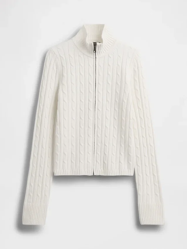 Krótki kardigan z dzianiny typu cable-knit z zamkiem błyskawicznym CashSoft