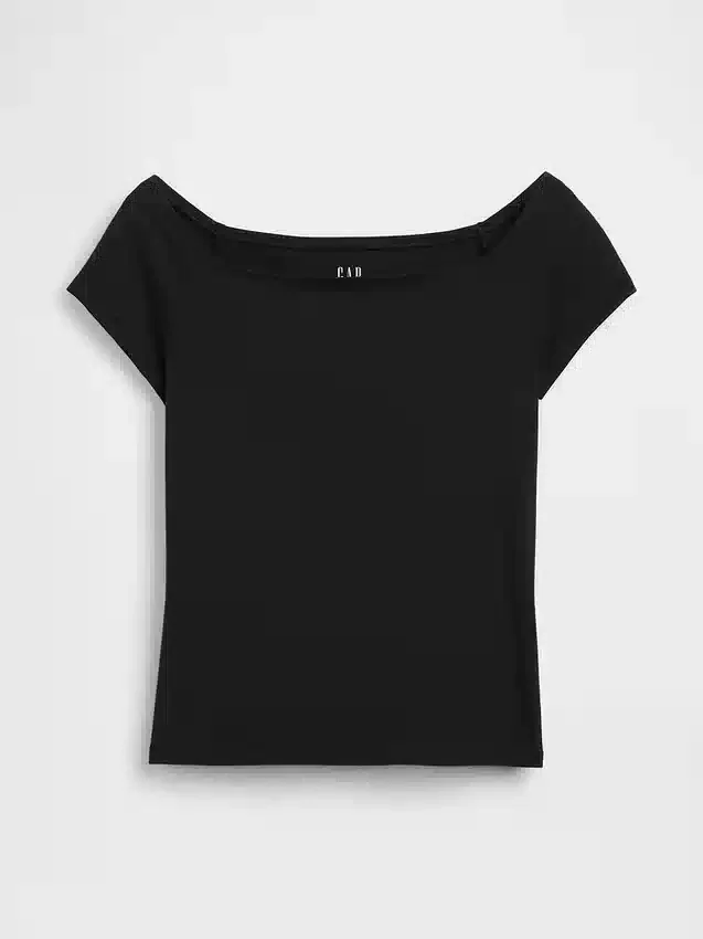 Krótki T-shirt z dzianiny o gęstym splocie z odkrytymi ramionami
