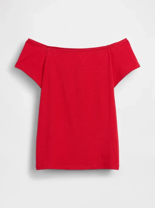 Krótki T-shirt z dzianiny o gęstym splocie z odkrytymi ramionami