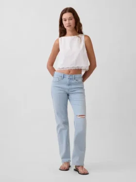 Krótki top z mieszanki lnu z koronkową lamówką