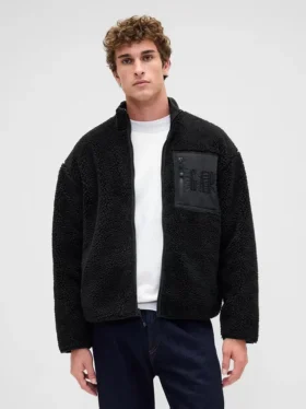 Kurtka z zamkiem błyskawicznym z recyklingowanego materiału sherpa i oversize'owym logo