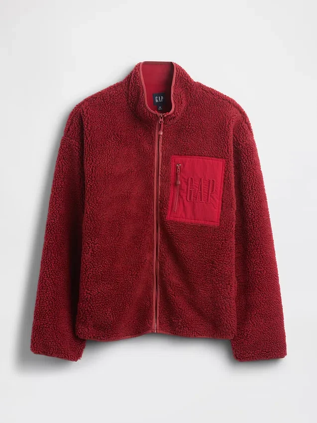 Kurtka z zamkiem błyskawicznym z recyklingowanego materiału sherpa i oversize'owym logo