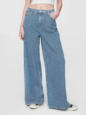 Luźne jeansy z paskami w kolorze khaki, o średnim stanie i z ultramiękkiego denimu