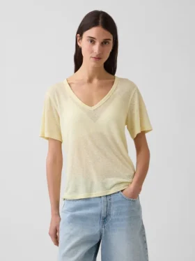 Luźny T-shirt z dekoltem w serek z mieszanki lnu