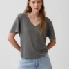Luźny T-shirt z dekoltem w serek z mieszanki lnu