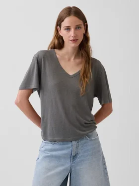 Luźny T-shirt z dekoltem w serek z mieszanki lnu