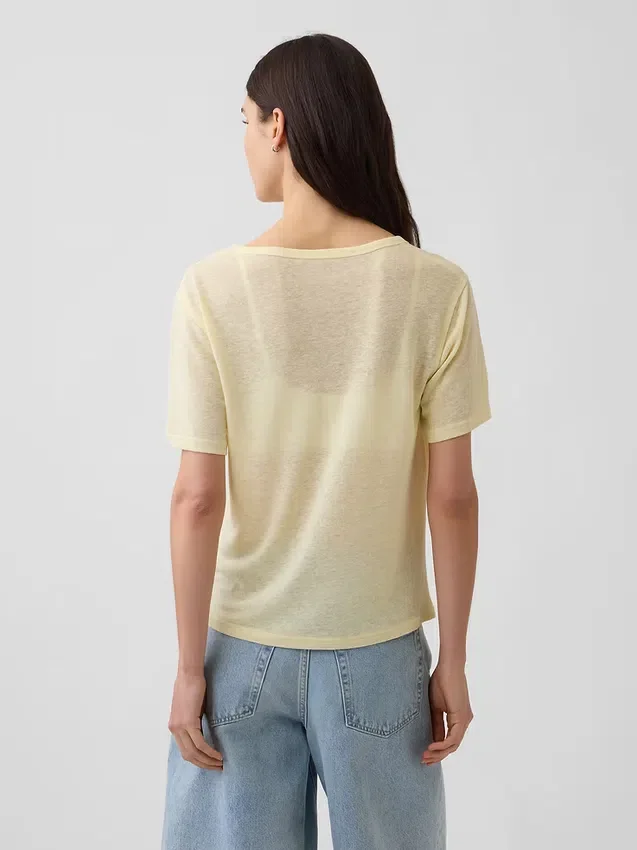 Luźny T-shirt z dekoltem w serek z mieszanki lnu