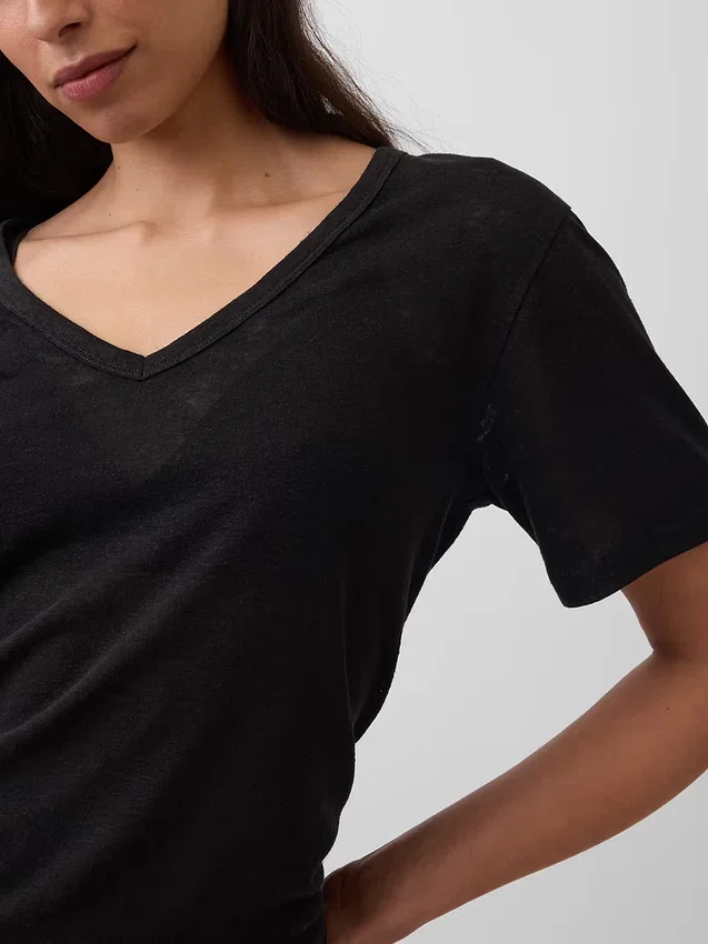 Luźny T-shirt z dekoltem w serek z mieszanki lnu