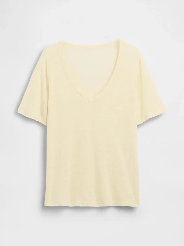 Luźny T-shirt z dekoltem w serek z mieszanki lnu