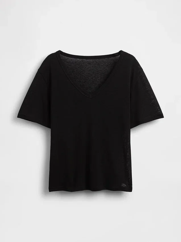 Luźny T-shirt z dekoltem w serek z mieszanki lnu