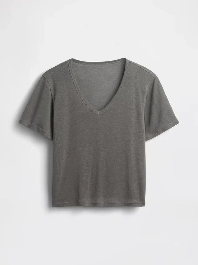 Luźny T-shirt z dekoltem w serek z mieszanki lnu