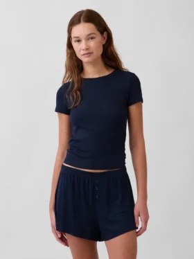 Mini T-shirt piżamowy z prążkowanym dekoltem