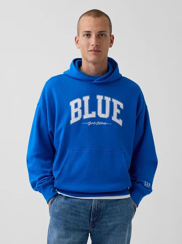 Niebieska bluza z kapturem z grubej dzianiny frotte z logo