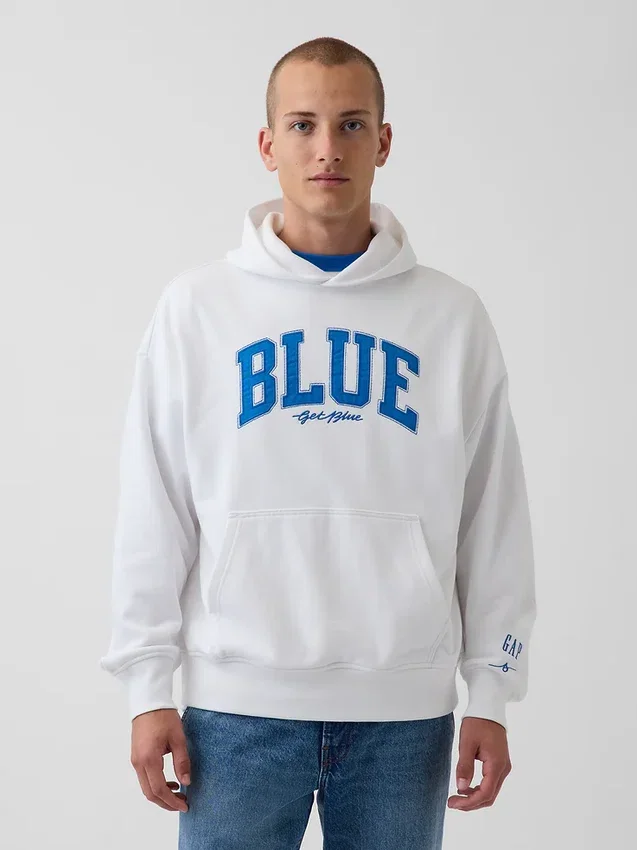 Niebieska bluza z kapturem z grubej dzianiny frotte z logo