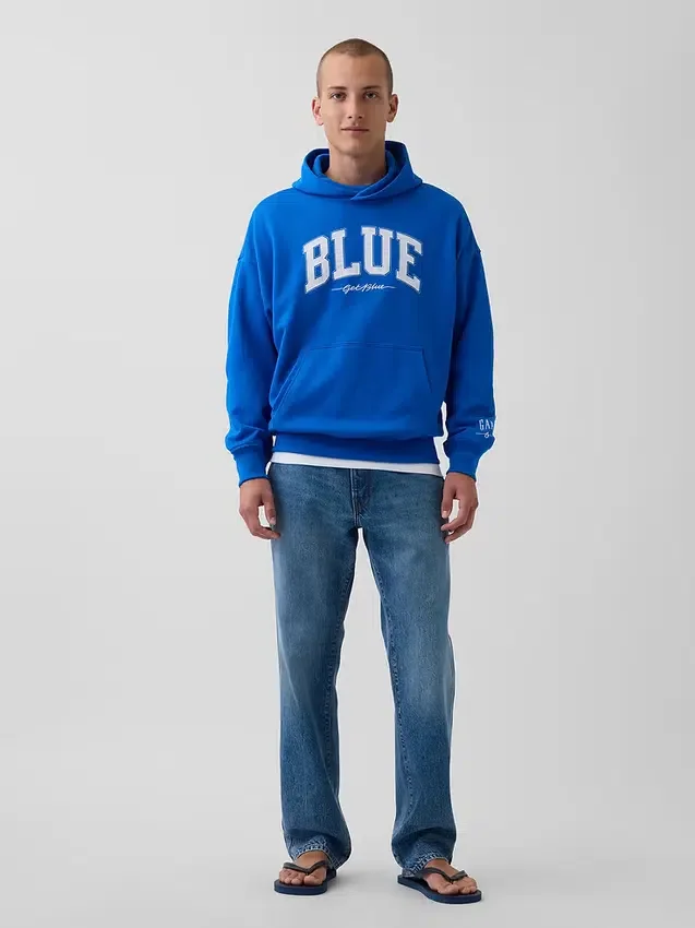 Niebieska bluza z kapturem z grubej dzianiny frotte z logo