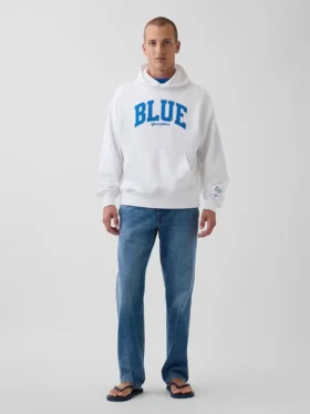 Niebieska bluza z kapturem z grubej dzianiny frotte z logo