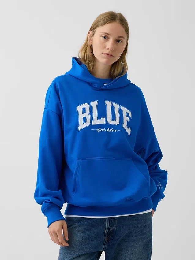 Niebieska bluza z kapturem z grubej dzianiny frotte z logo
