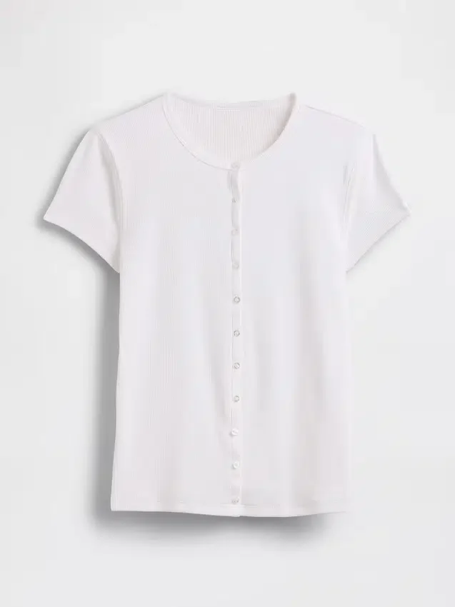 Nowoczesny T-shirt z okrągłym dekoltem i guzikami z dzianiny prążkowanej
