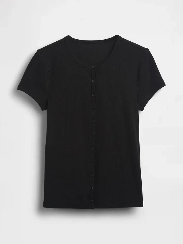 Nowoczesny T-shirt z okrągłym dekoltem i guzikami z dzianiny prążkowanej