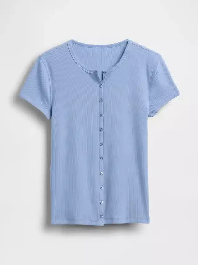 Nowoczesny T-shirt z okrągłym dekoltem i guzikami z dzianiny prążkowanej