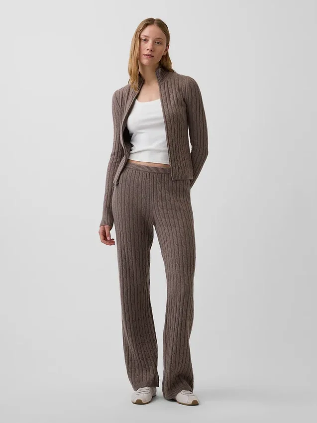 Spodnie sweterkowe z dzianiny typu cable-knit z szerokimi nogawkami CashSoft