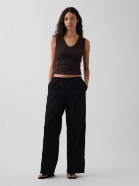 Spodnie z popeliny o średniej wysokości talii, luźne i z szerokimi nogawkami