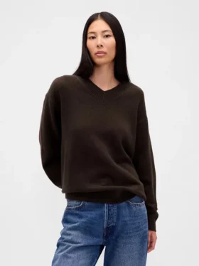 Swetr oversize z dekoltem w serek z dzianiny CashSoft
