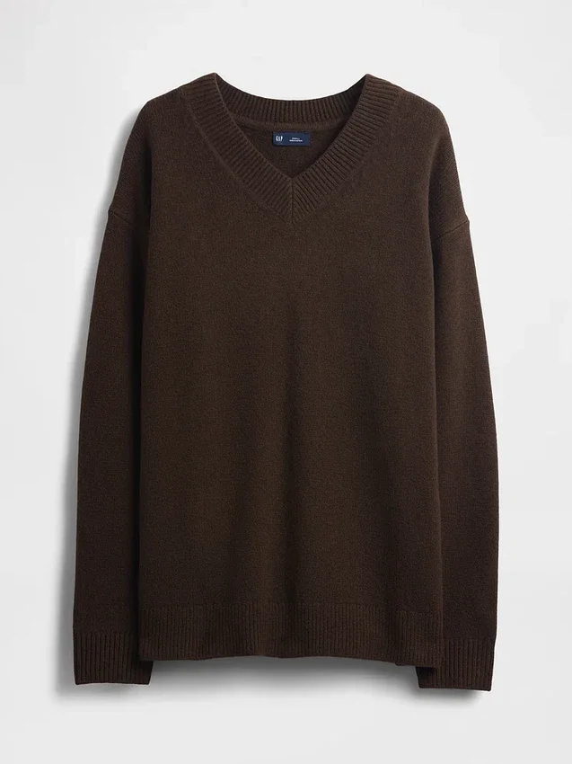 Swetr oversize z dekoltem w serek z dzianiny CashSoft