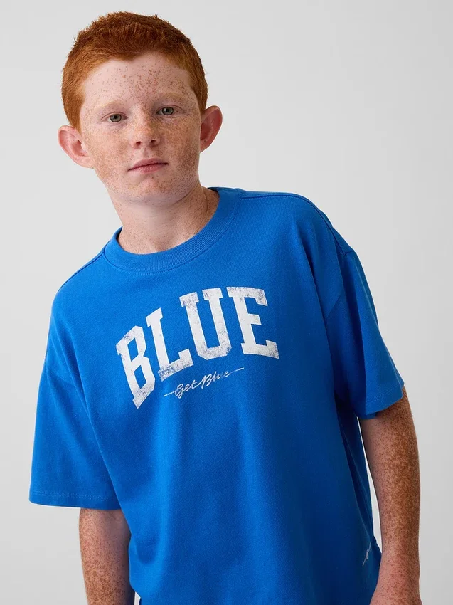 T-shirt dziecięcy „Get Blue” z logo w luźnym kroju