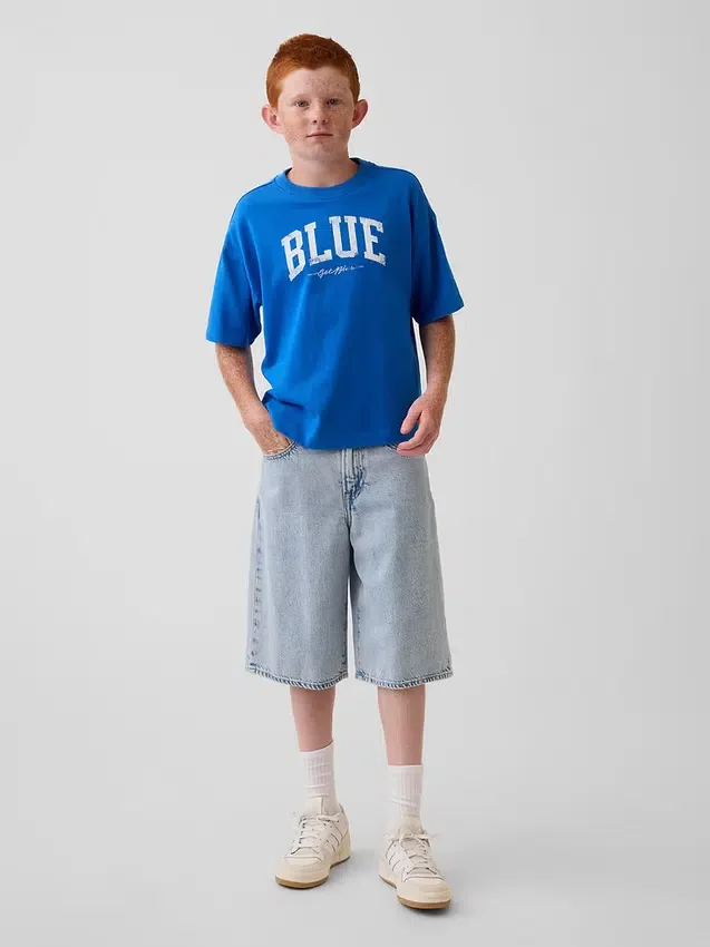 T-shirt dziecięcy „Get Blue” z logo w luźnym kroju