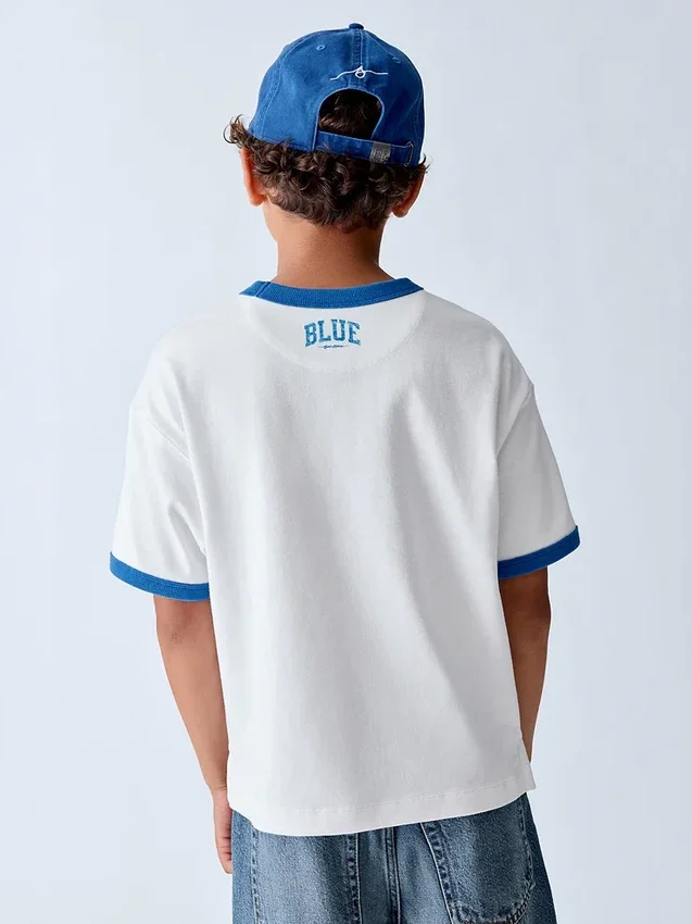 T-shirt dziecięcy „Get Blue” z logo w luźnym kroju