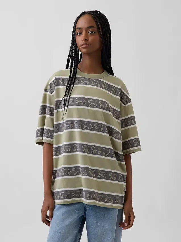 T-shirt oversize w paski z motywem Keitha Haringa