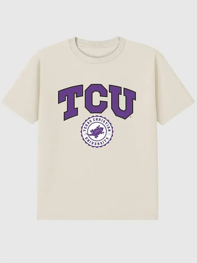 T-shirt z ciemnym nadrukiem przedstawiającym herb uczelni TCU (Texas Christian University)