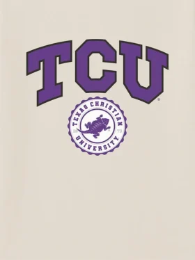 T-shirt z ciemnym nadrukiem przedstawiającym herb uczelni TCU (Texas Christian University)