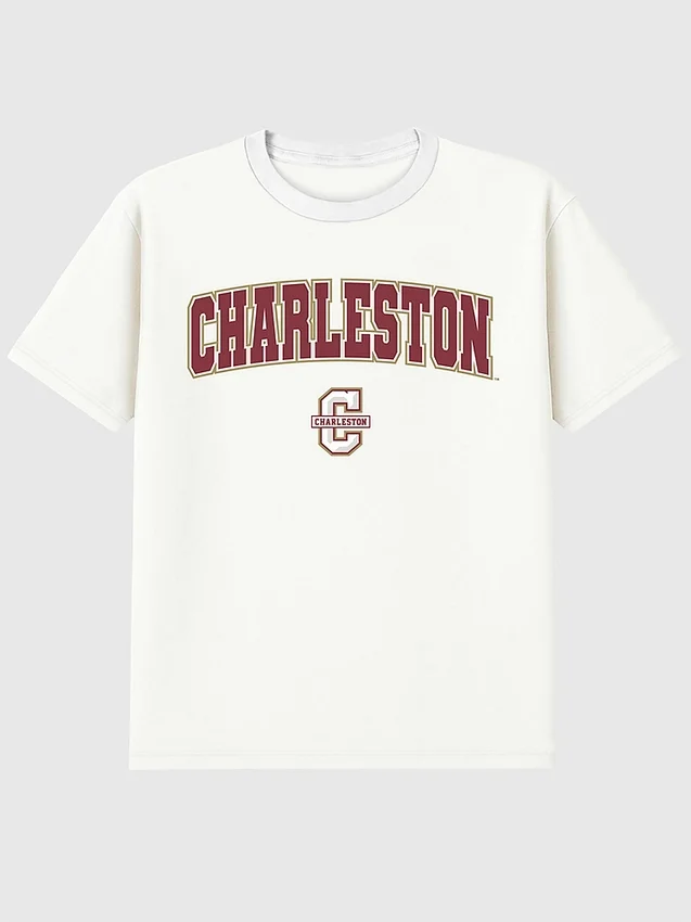 T-shirt z dodatkowym nadrukiem przedstawiającym Arch Logo College of Charleston w kształcie łuku