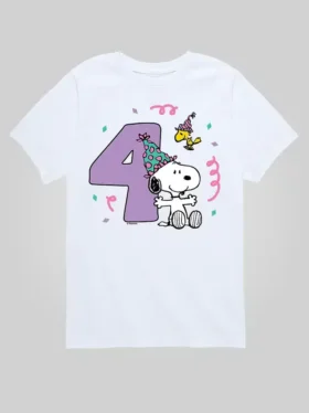 T-shirt z nadrukiem dla malucha z serii „Peanuts” z okazji 4. urodzin, z krótkim rękawem