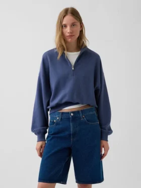 Teksturowana bawełniana bluza oversize z półzamkiem
