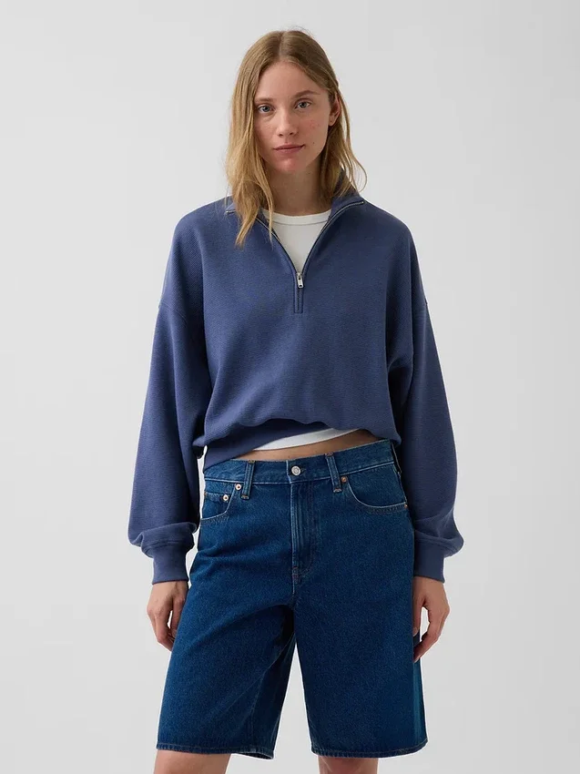 Teksturowana bawełniana bluza oversize z półzamkiem