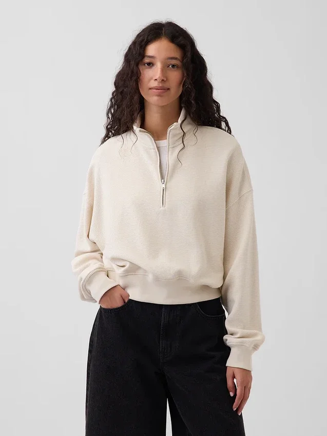 Teksturowana bawełniana bluza oversize z półzamkiem