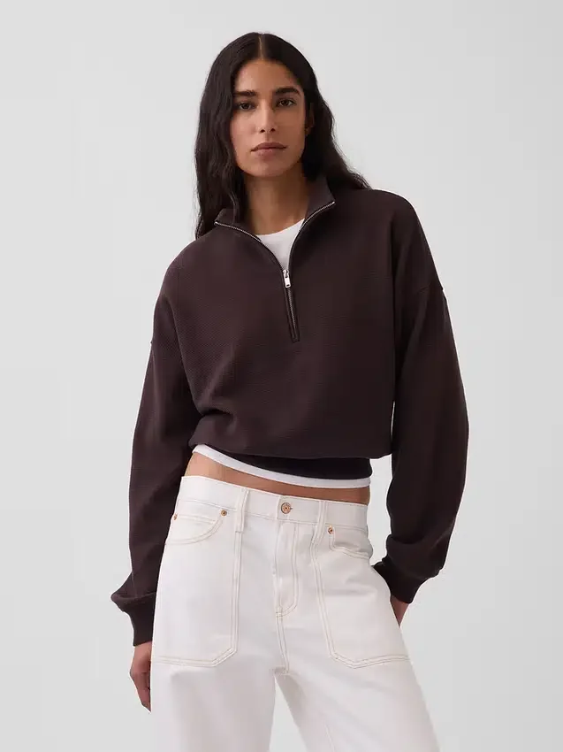 Teksturowana bawełniana bluza oversize z półzamkiem