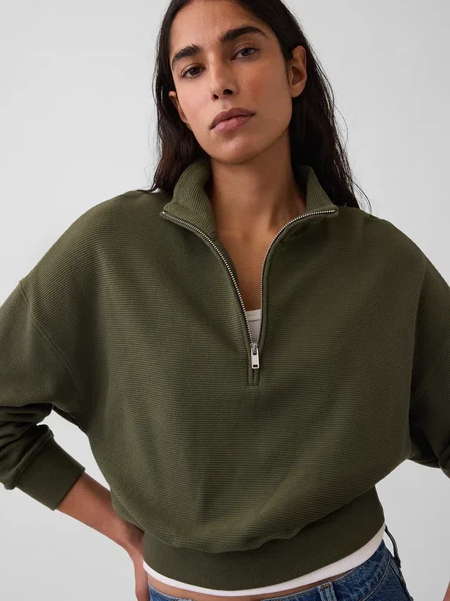 Teksturowana bawełniana bluza oversize z półzamkiem